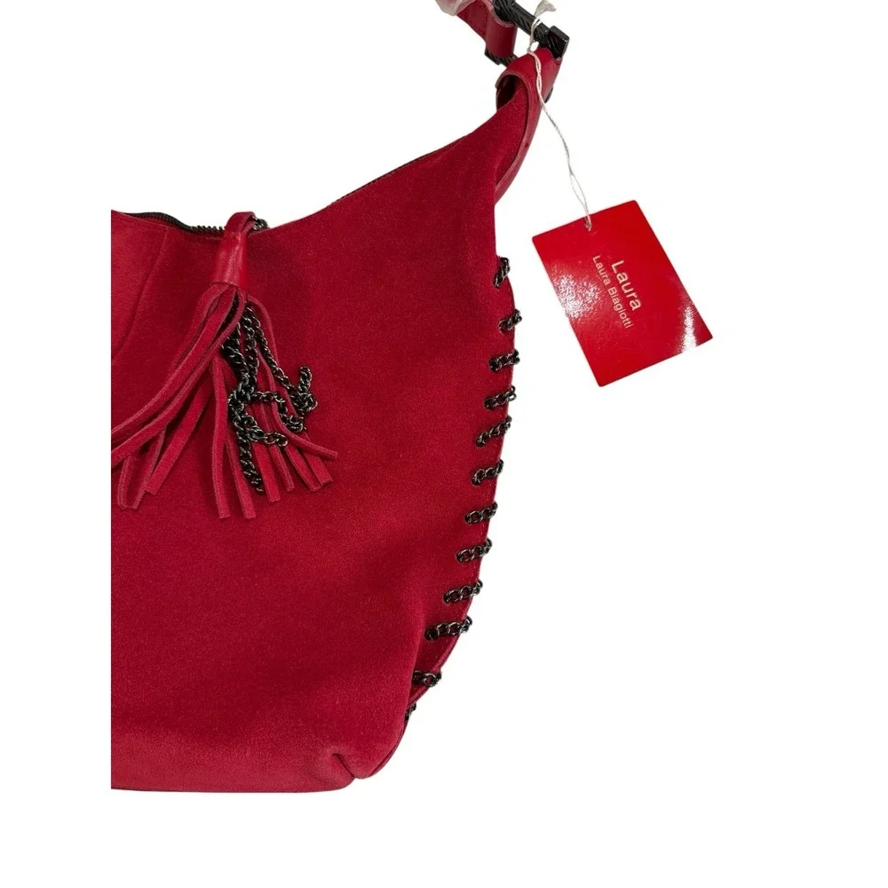 Laura Biagiotti  Red Suede Hobo Shoulder Bag NWT Color Pink Pepper